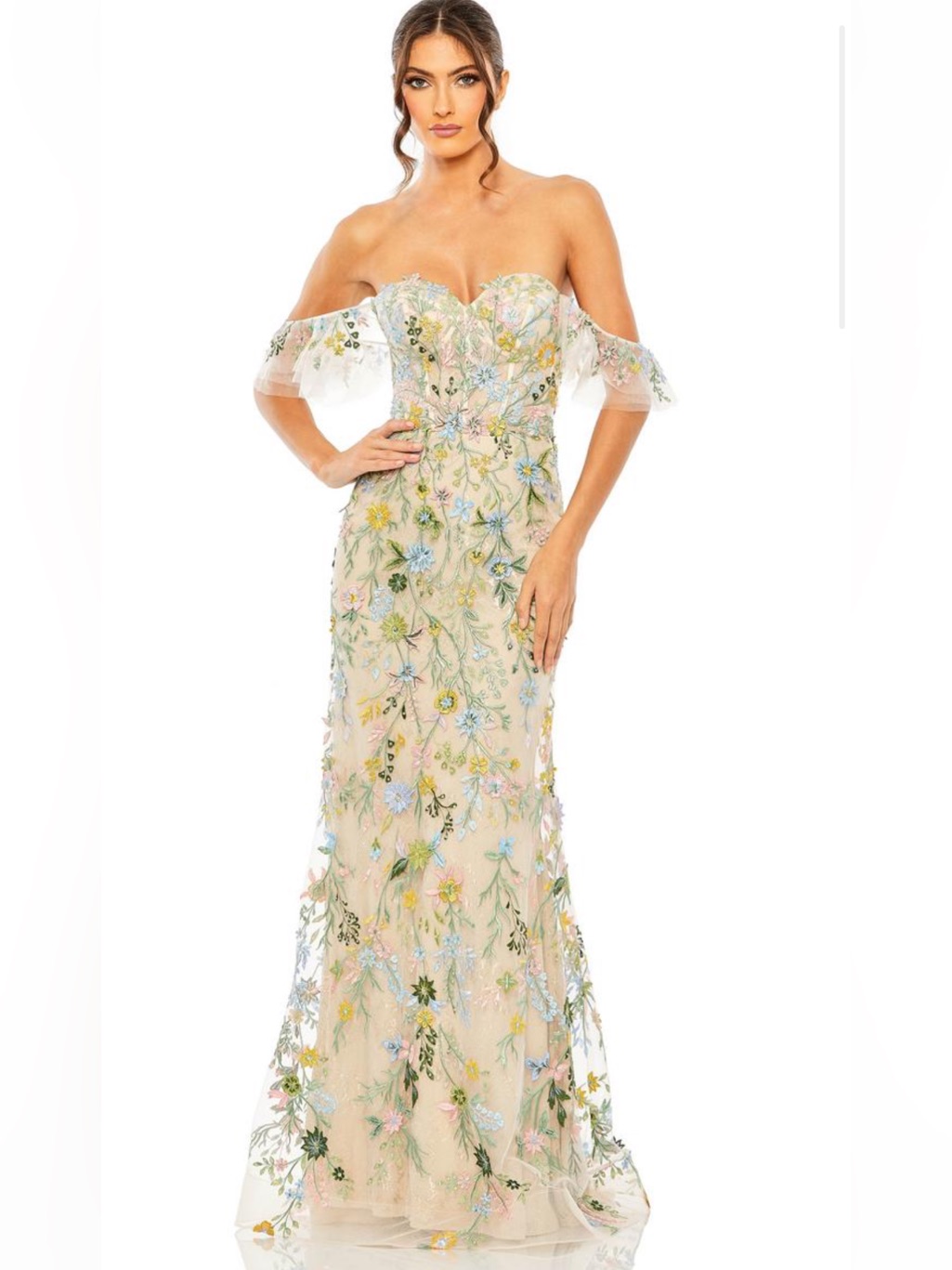 Nwt Mac Duggal Pastel Floral Embroidered 50713 Off-The-Shoulder Gown 8